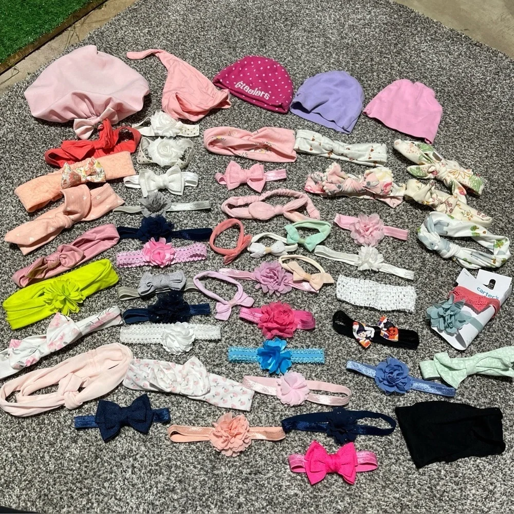 Large Lot Of 47 Baby Girl Headbands Bows & 5 Hats Infant & Toddler Stretch